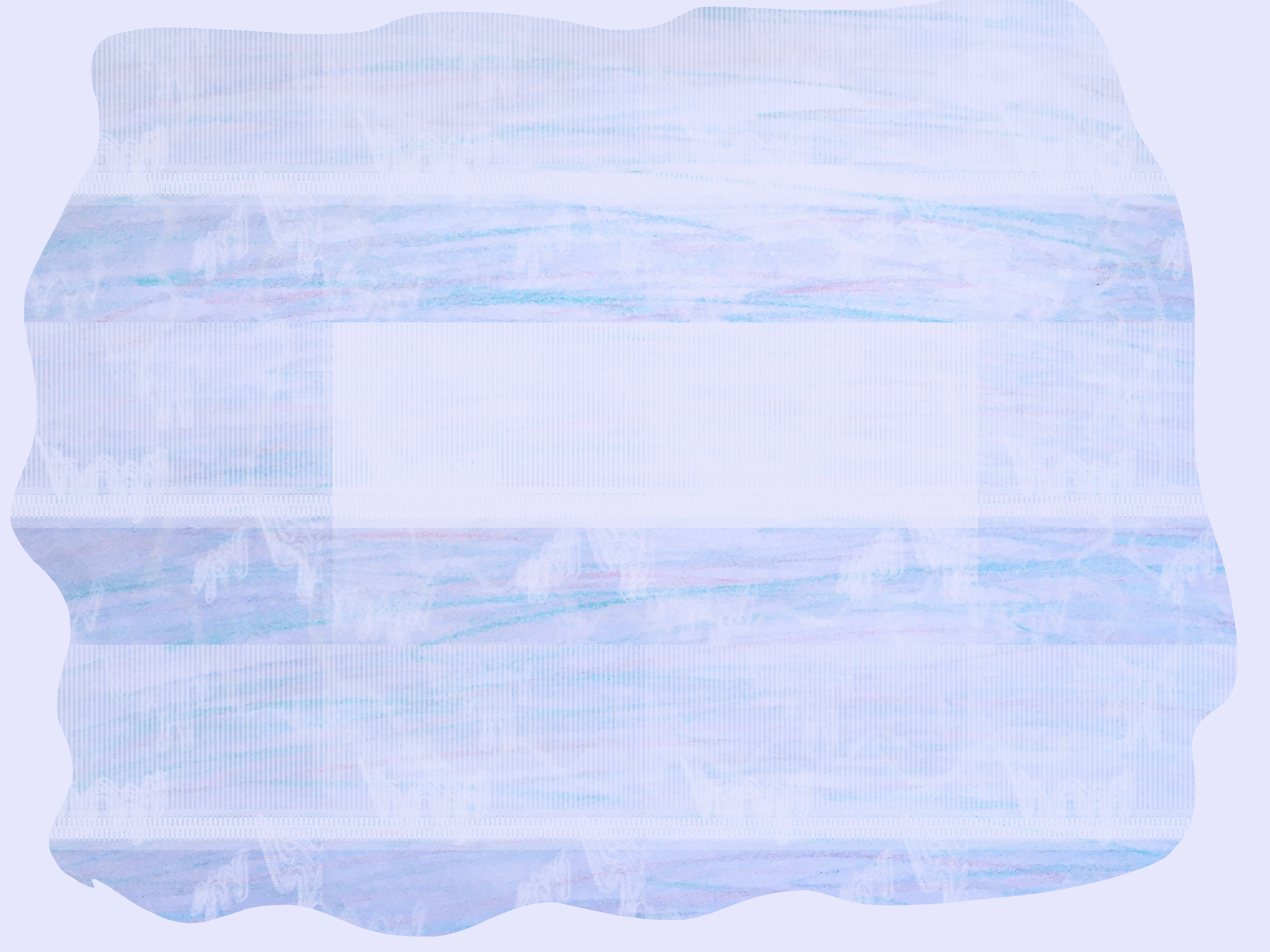 A dreamy painting in pale blue texture of a pillow shape with a cutout rectangle in the middle.